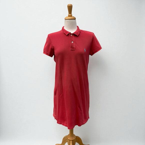 Polo Ralph Lauren Mesh Mini Shirt Dress Sz L Red Button Collar Preppy Heritage - Picture 1 of 11
